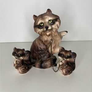 Vintage Mid Century Elbro Charming Raccoon Chained Family Figurine Set